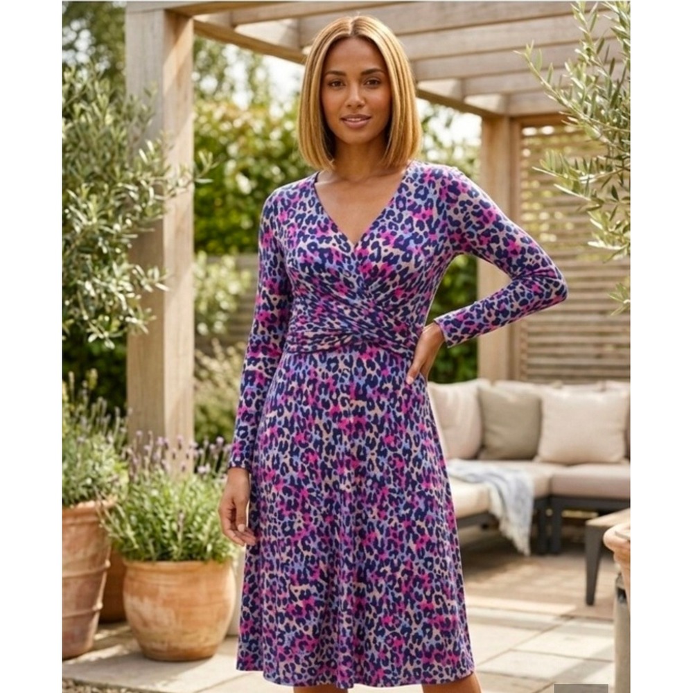 Pact Organic Cotton Leopard Print Faux Wrap Midi Dress Long Sleeve Pink Blue L